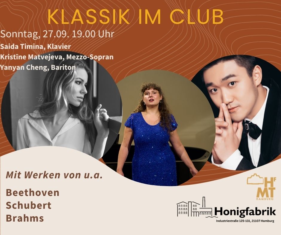 Klassik im Club-Plakat mit den dfrei Musiker*innen, von links Saida Timina, Kristine Matvejeva, Yanyan Cheng.