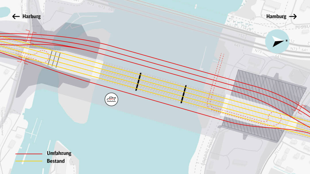 Darstellung eines geplanten Ersatzbaus von vier Brücken in gelb. Darüber drei rote Linien für die Hilfsbrücken und darunter eine Hilfsbrücke für die S-Bahnbrücke.