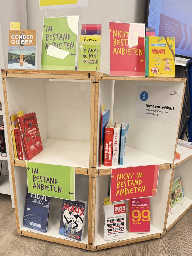 Regale in der Bücherhalle. Es gibt Schilder: „im Bestand anbieten“ beziehungsweise „nicht im Bestand anbieten“. In den entsprechenden Fächern sind dann Bücher, die von einigen Regierungen auf Indices gesetzt wurden. Bei „nicht im Bestand anbieten,“ findet sich zum Beispiel Pippi Langstrumpf. Foto: Bücherhalle Wilhelmsburg