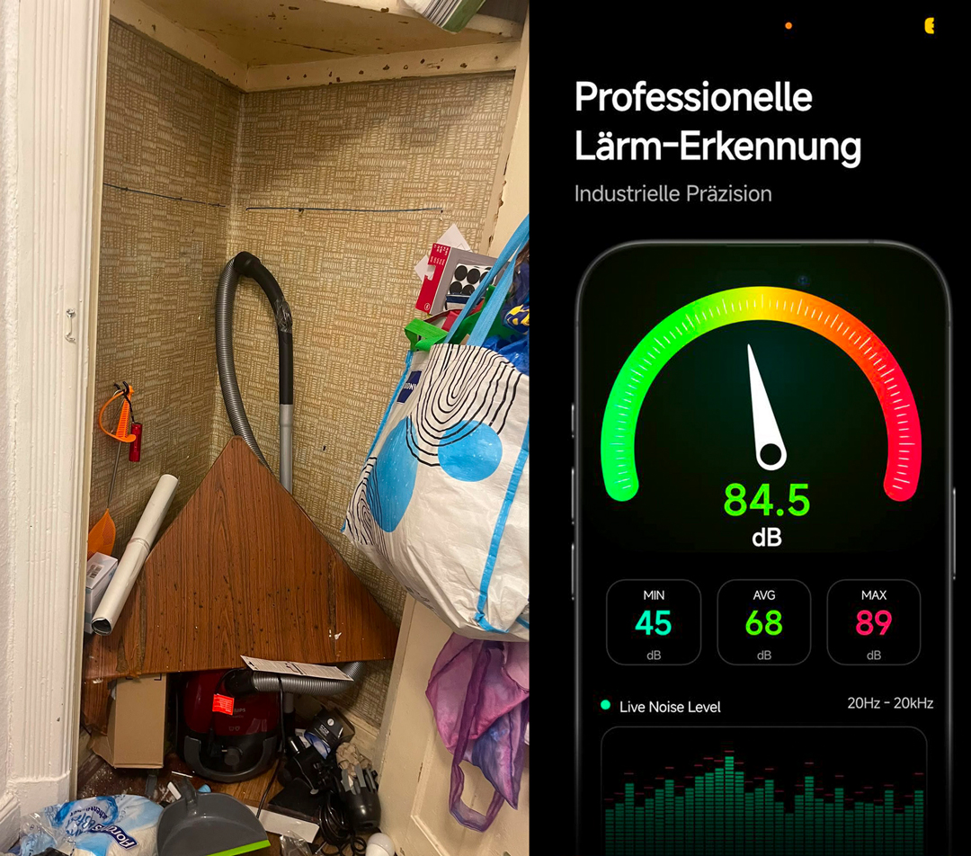 Durch Erschütterungen fiel ein Regalbrett herab. Lärmmessung: 84.5 DB. (Ein schreiendes Baby und ein Motorrad erreichen beide 80 bis 100 dB. )(Collage: Hausgemeinschaft)