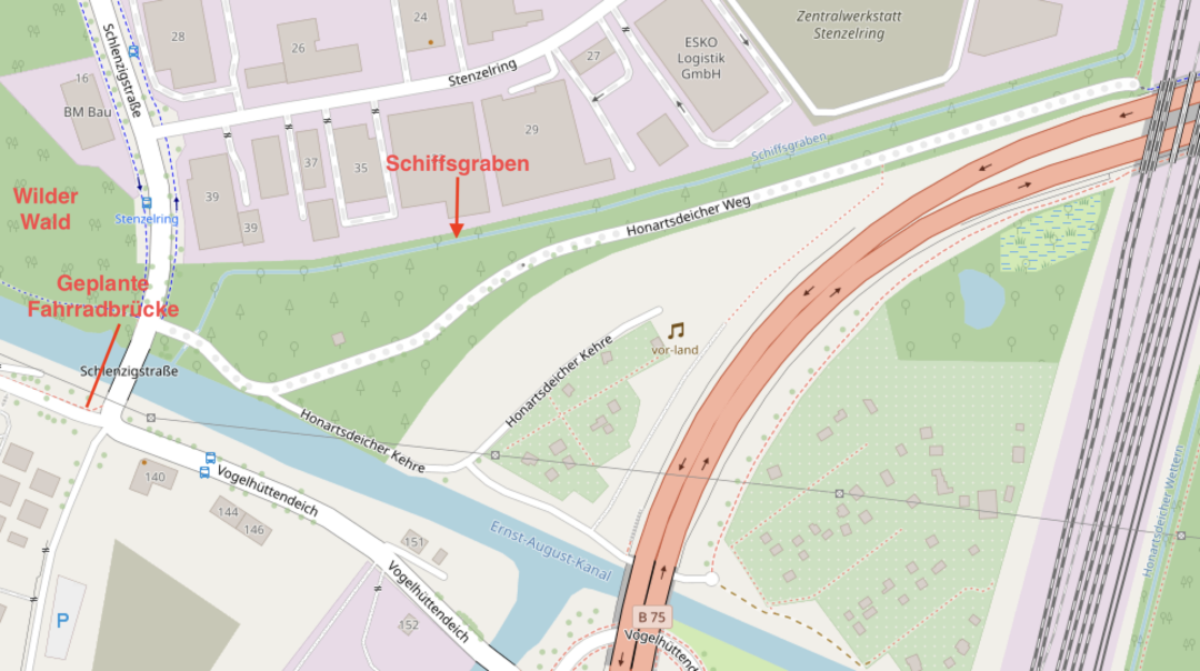 Karte vom Gebiet nördliches des Ernst-August-Kanals, die alte Fahrbahn der Wilhelmsburger Reichsstraße ist noch gut zu erkennen. Daneben der Honartsdeicher Weg.