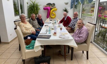 Eine Frau und vier Männer sitzen um einen gedeckten Tisch mit weißer Tischdecke. Hinten an der Wand ist eine große Luftballon-76.